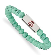 Image of Chisel Stainless Steel Polished with Red Enamel Medical ID 6.5mm Turquoise Glass Beaded Stretch Bracelet