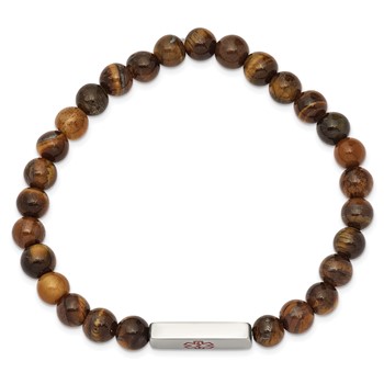 Stainless Steel Polished Medical ID Tiger's Eye Bead Stretch Bracelet — alternate view