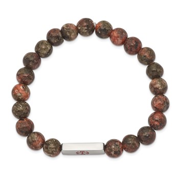Chisel Stainless Steel Polished with Red Enamel Medical ID 8.5mm Poppy Jasper Beaded Stretch Bracelet — alternate view