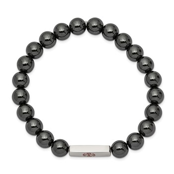 Chisel Stainless Steel Polished with Red Enamel Medical ID 8mm Hematite Beaded Stretch Bracelet — alternate view