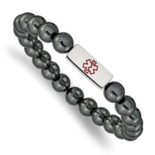 Image of Chisel Stainless Steel Polished with Red Enamel Medical ID 8mm Hematite Beaded Stretch Bracelet