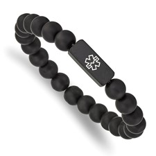 Image of Chisel Stainless Steel Brushed Black IP-plated with White Enamel Medical ID 8.5mm Black Agate Beaded Stretch Bracelet