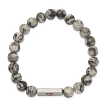 Chisel Stainless Steel Polished with Red Enamel Medical ID 8.5mm Lotus Jasper Beaded Stretch Bracelet — alternate view