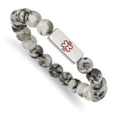 Image of Chisel Stainless Steel Polished with Red Enamel Medical ID 8.5mm Lotus Jasper Beaded Stretch Bracelet