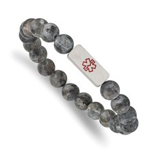 Image of Chisel Stainless Steel Brushed with Red Enamel Medical ID 8.5mm Labradorite Beaded Stretch Bracelet