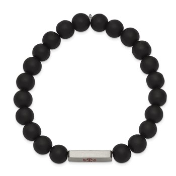 Stainless Steel Brushed Medical ID Plate Black Agate Bead Stretch Bracelet — alternate view
