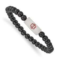Image of Chisel Stainless Steel Brushed with Red Enamel Medical ID 6mm Onyx Beaded Stretch Bracelet