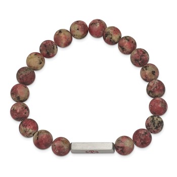 Chisel Stainless Steel Brushed with Red Enamel Medical ID 8.5mm Rhodochrosite Beaded Stretch Bracelet — alternate view