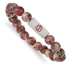 Image of Chisel Stainless Steel Brushed with Red Enamel Medical ID 8.5mm Rhodochrosite Beaded Stretch Bracelet