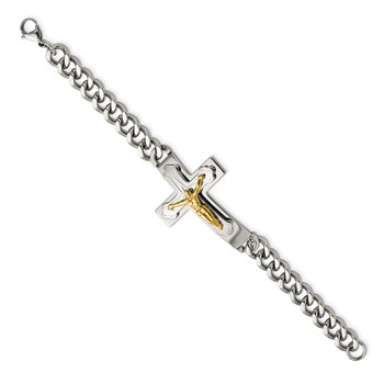 Chisel Stainless Steel Polished Yellow IP-plated Crucifix 8 inch Bracelet — alternate view