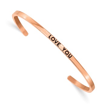 Chisel Stainless Steel Polished Rose IP-plated and Enameled with Crystal LOVE YOU 3mm Cuff Bangle