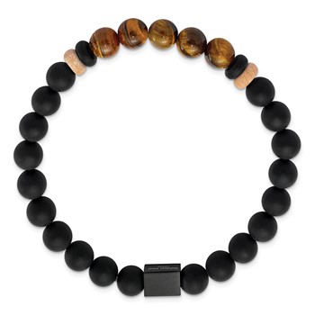 Chisel Stainless Steel Brushed Black IP-plated 8mm Black Agate and Tiger's Eye Beaded Stretch Bracelet — alternate view
