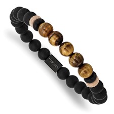 Image of Chisel Stainless Steel Brushed Black IP-plated 8mm Black Agate and Tiger's Eye Beaded Stretch Bracelet