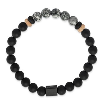 Chisel Stainless Steel Brushed Black IP-plated 8mm Black Agate and Grey Jasper Beaded Stretch Bracelet — alternate view