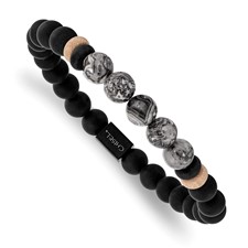 Image of Chisel Stainless Steel Brushed Black IP-plated 8mm Black Agate and Grey Jasper Beaded Stretch Bracelet