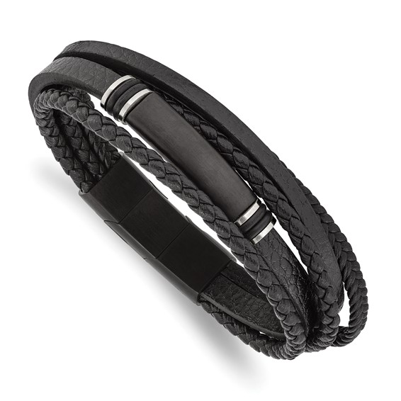 Stainless Steel Brushed Black Leather 8 inch ID Bracelet with Extension Stainless Steel Brushed Black Leather 8 inch ID Bracelet with Extension