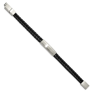 Chisel Stainless Steel Brushed Braided Black Leather Multi Strand 8 inch Plus .5 inch Extenstion Bracelet — alternate view