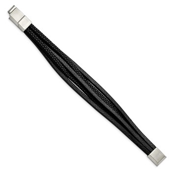 Chisel Stainless Steel Polished Multi Strand Black PU Leather 8 inch Bracelet with .5 inch Extension — alternate view