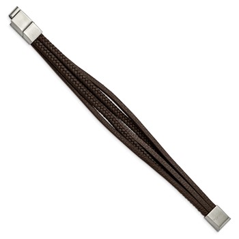 Chisel Stainless Steel Polished Multi Strand Brown PU Leather 8 inch Bracelet with .5 inch Extension — alternate view