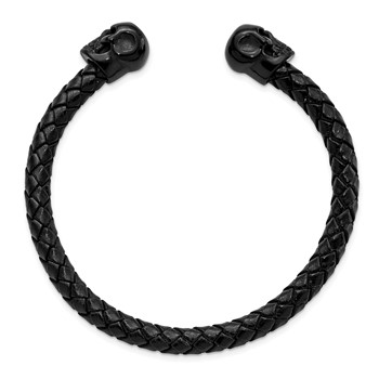 Chisel Stainless Steel Polished Black IP-plated Skulls with Crystal Eyes Black Braided Leather Cuff Bangle — alternate view