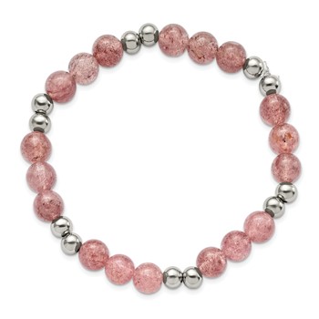 Chisel Stainless Steel Polished 6-8mm Strawberry Quartz Beaded Stretch Bracelet — alternate view