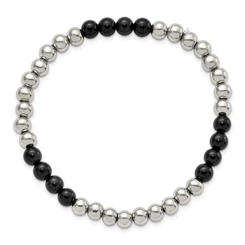 Chisel Stainless Steel Polished 6mm Black Onyx Beaded Stretch Bracelet — alternate view