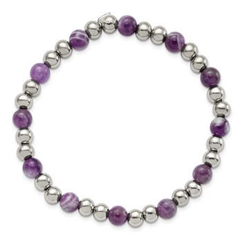 Chisel Stainless Steel Polished 6mm Purple Zebra Amethyst Beaded Stretch Bracelet — alternate view