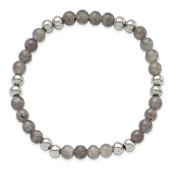 Chisel Stainless Steel 6mm Polished Grey Quartz Beaded Stretch Bracelet — alternate view