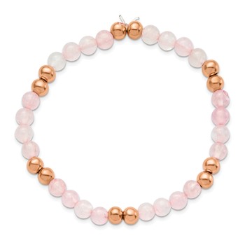 Chisel Stainless Steel Polished Rose IP-plated 6mm Pink Quartz Beaded Stretch Bracelet — alternate view
