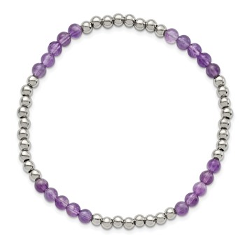 Chisel Stainless Steel Polished 4mm Purple Zebra Amethyst Beaded Stretch Bracelet — alternate view