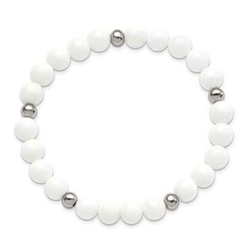 Chisel Stainless Steel Polished 6-8mm White Ceramic Beaded Stretch Bracelet — alternate view