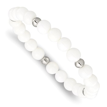 Chisel Stainless Steel Polished 6-8mm White Ceramic Beaded Stretch Bracelet
