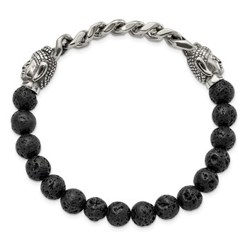 Chisel Stainless Steel Antiqued and Polished Buddha 8mm Lava Stone Beaded Stretch Bracelet — alternate view
