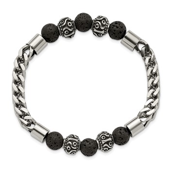 Chisel Stainless Steel Antiqued and Polished with 8mm Lava Stone Beaded Stretch Bracelet — alternate view