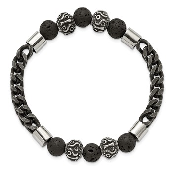 Chisel Stainless Steel Antiqued and Polished Black IP-plated Chain 8mm Lava Stone Beaded Stretch Bracelet — alternate view