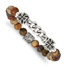 Image of Chisel Stainless Steel Antiqued and Polished Cross 8mm Natural Turquoise Beaded Stretch Bracelet