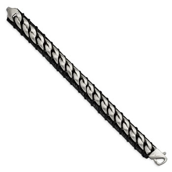 Chisel Stainless Steel Brushed Curb Chain and Black Leather 8.5 inch Bracelet — alternate view