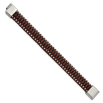 Stainless Steel Polished Beaded Brown Leather 8.25in Bracelet — alternate view