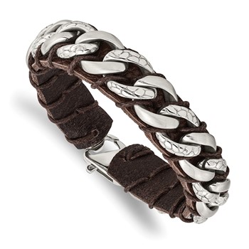 Chisel Stainless Steel Brushed Polished and Textured Curb Chain and Brown Leather 8.5 inch Bracelet
