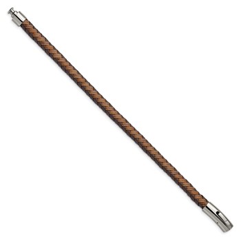 Chisel Stainless Steel Polished Brown Braided Leather 8.25 inch Bracelet — alternate view