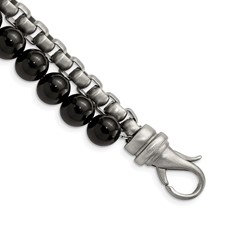 Image of Stainless Steel Brushed Box Chain & Black Onyx 2 Strand 8.5in Bracelet