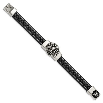 Chisel Stainless Steel Antiqued and Polished Spider Black Braided Faux Leather 8.5 inch Bracelet — alternate view
