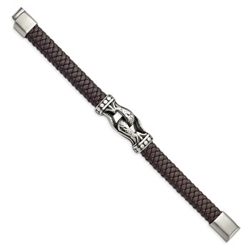 Chisel Stainless Steel Antiqued and Polished Dark Brown Braided Faux Leather 8.5 inch Bracelet — alternate view