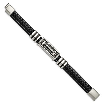 Chisel Stainless Steel Antiqued and Polished with Enamel Cross Black Faux Leather 8.5 inch Bracelet — alternate view