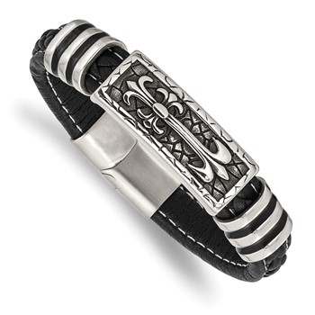 Chisel Stainless Steel Antiqued and Polished with Enamel Cross Black Faux Leather 8.5 inch Bracelet