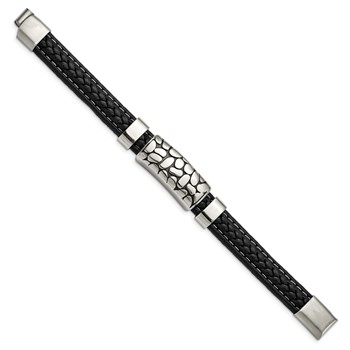 Stainless Steel Antiqued & Polished Black Faux Leather 8.5in Bracelet — alternate view