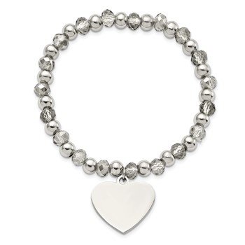 Chisel Stainless Steel Polished Heart Dangle 6mm Grey Glass Beaded Stretch Bracelet — alternate view