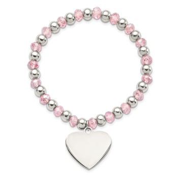 Chisel Stainless Steel Polished Heart Dangle 6mm Pink Glass Beaded Stretch Bracelet — alternate view
