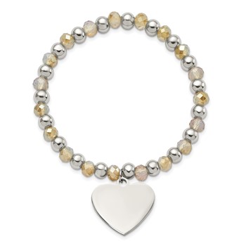 Chisel Stainless Steel Polished Heart Dangle 6mm Glass Beaded Stretch Bracelet — alternate view