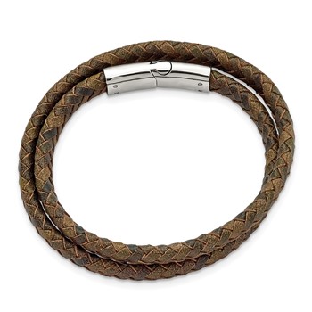 Chisel Stainless Steel Polished Brown Braided Leather 14.75 inch Wrap Bracelet — alternate view